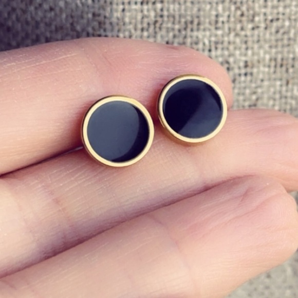14k Gold Plated Stainless Steel Round Black Studs 10mm - Picture 4 of 11